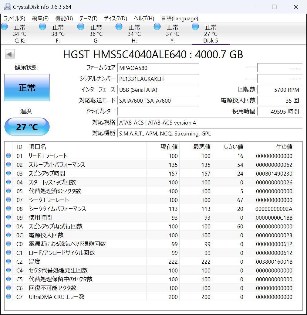 ③HGST　4TB 2 台セット 計8TB　HMS5C4040ALE640