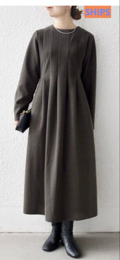 SHIPS エア ニードル クルーネック タック フレア ワンピース