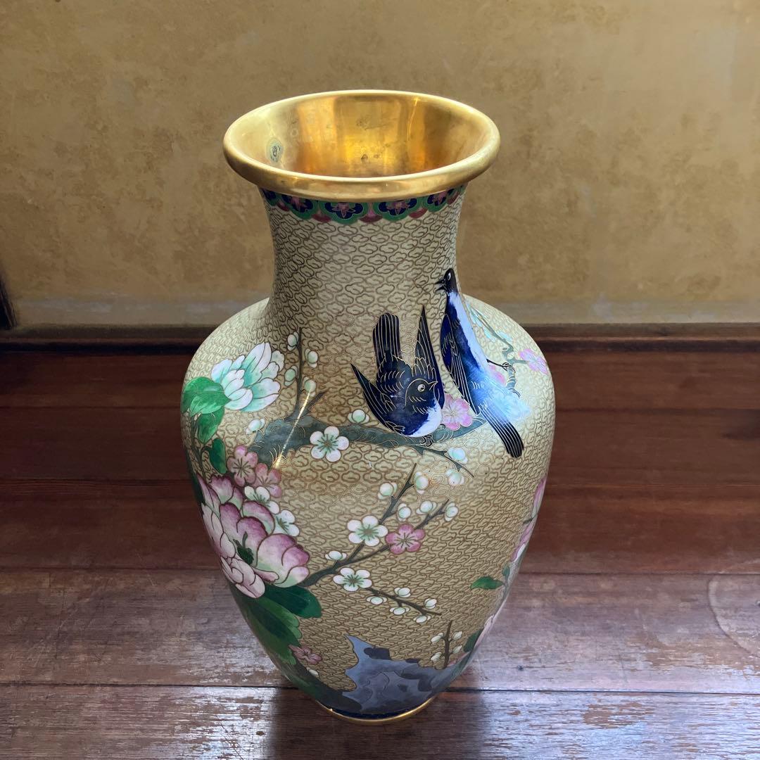 【専用】中国美術 七宝焼 金彩 花鳥図 梅に時鳥 大花瓶 花器 花詰 壺