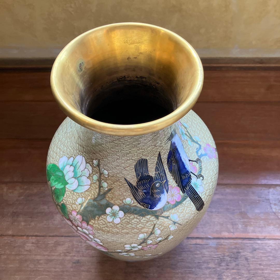 【専用】中国美術 七宝焼 金彩 花鳥図 梅に時鳥 大花瓶 花器 花詰 壺