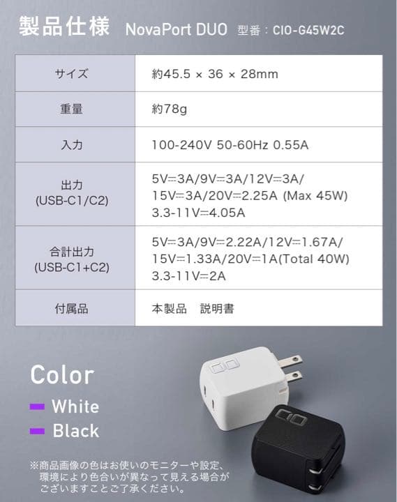 未使用品！ CIO PD G45W2C NovaPort DUO GaN 黒 白