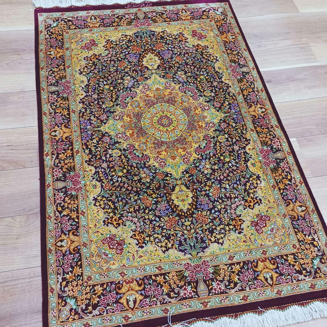 Y3257 高級ペルシャ絨毯 クム産 シラジ工房 シルク 手織り 工房サイン