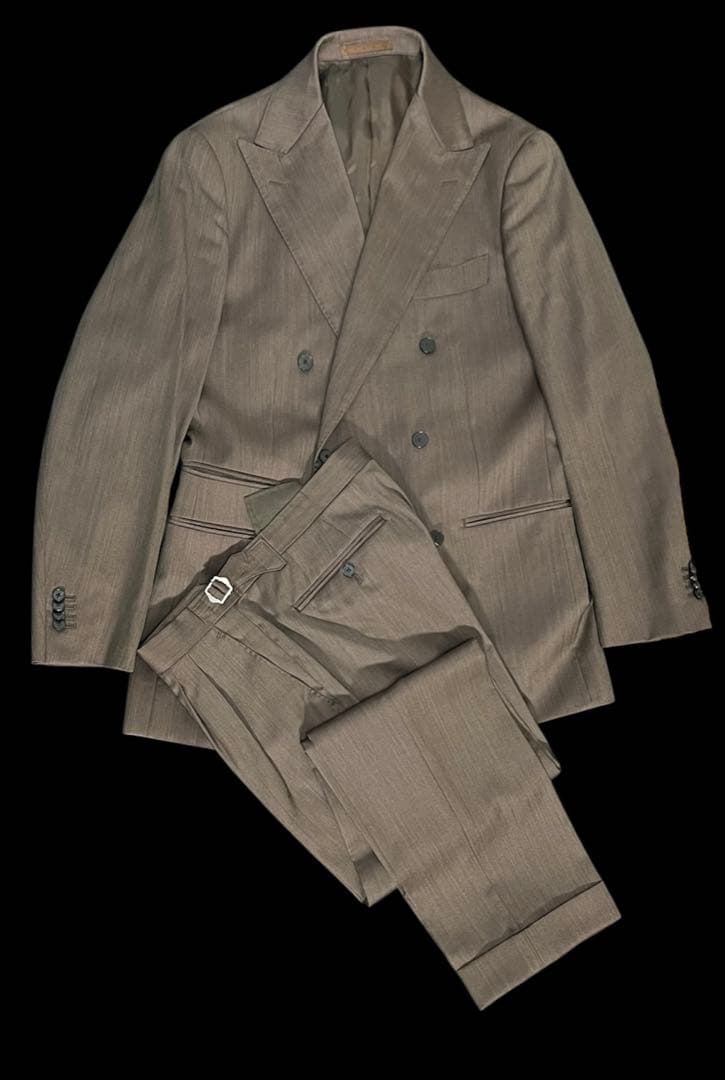 高級オーダースーツ カノニコ ウールシルク ダブル 6ボタン 茶 48-L相当