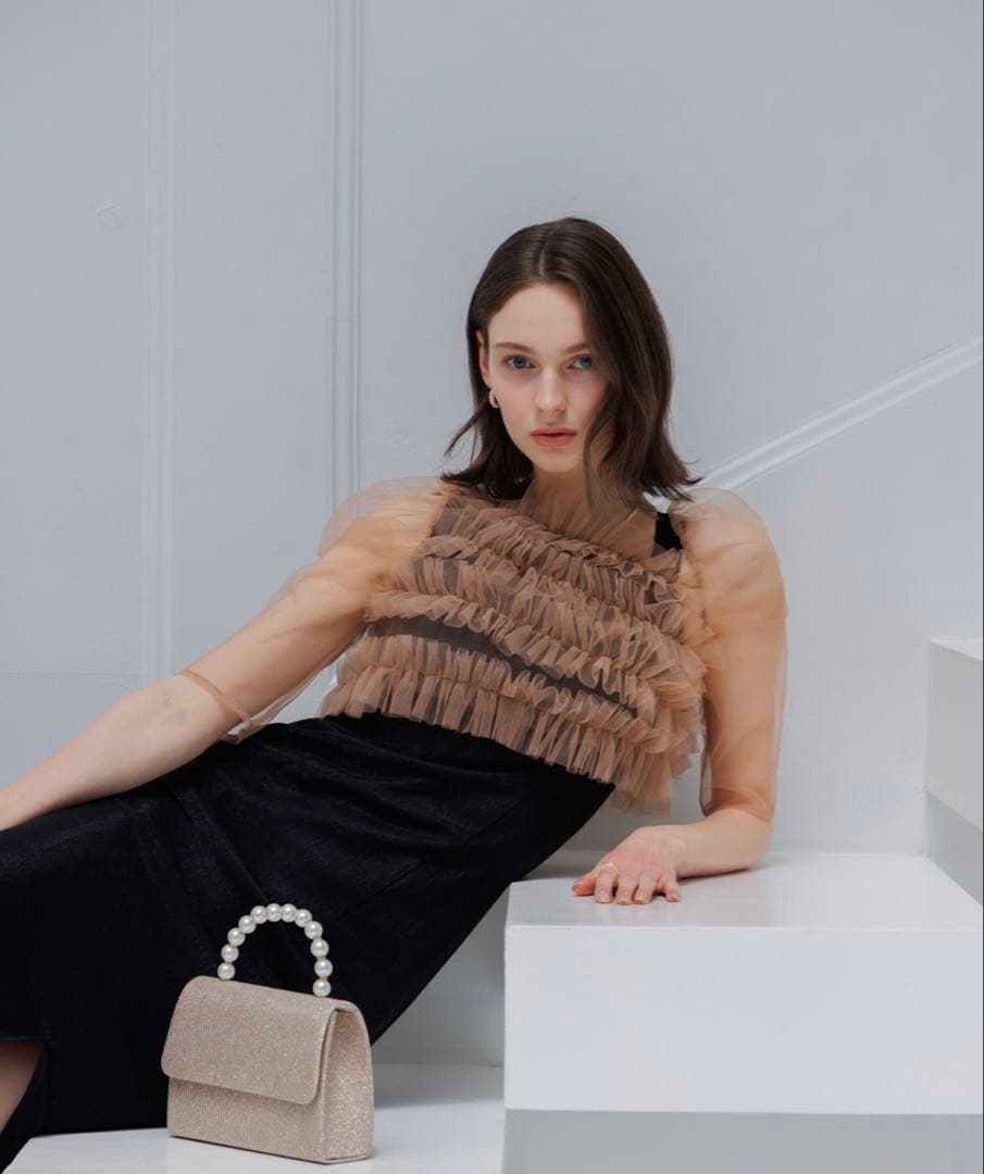 【LEJA】チュールアシンメトリーティアードフリルIラインドレスワンピース　M