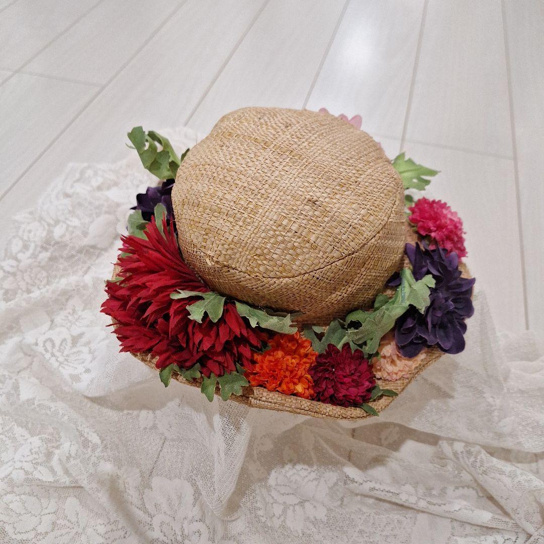 ジェーンマープル　フラワーストローハット　カラフルな花飾り付き麦わら帽子
