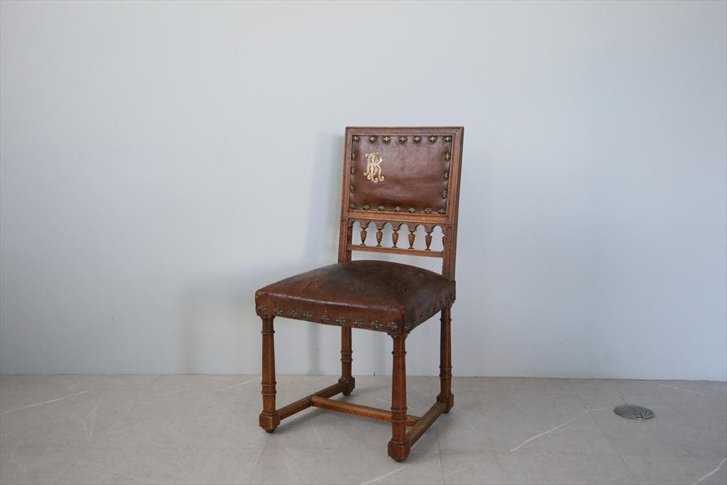 フランスアンティーク木製アンリ2世様式ダイニングチェア/レザー(90-64-2)