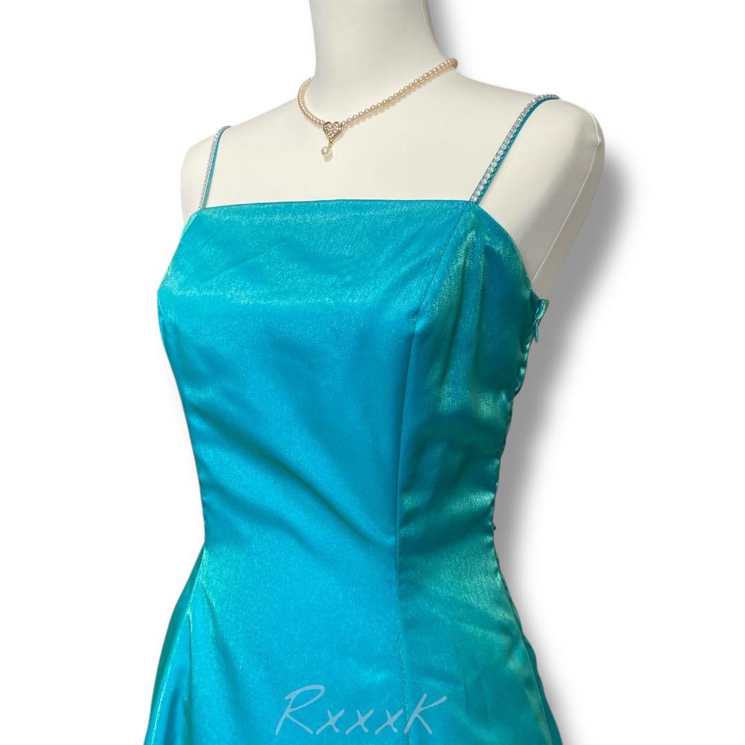 ジュネビビアン 高級 ロングドレス 演奏会 アシンメトリー 光沢 ブルーグリーン