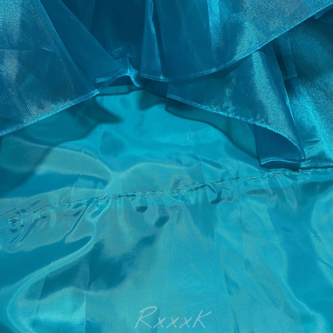 ジュネビビアン 高級 ロングドレス 演奏会 アシンメトリー 光沢 ブルーグリーン