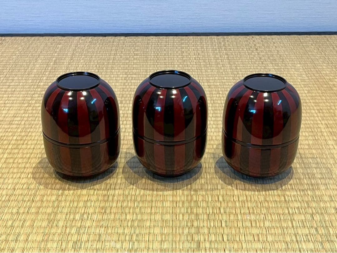 塗師 津田哲司 (哲斎) 縞模様 信玄弁当箱 3客