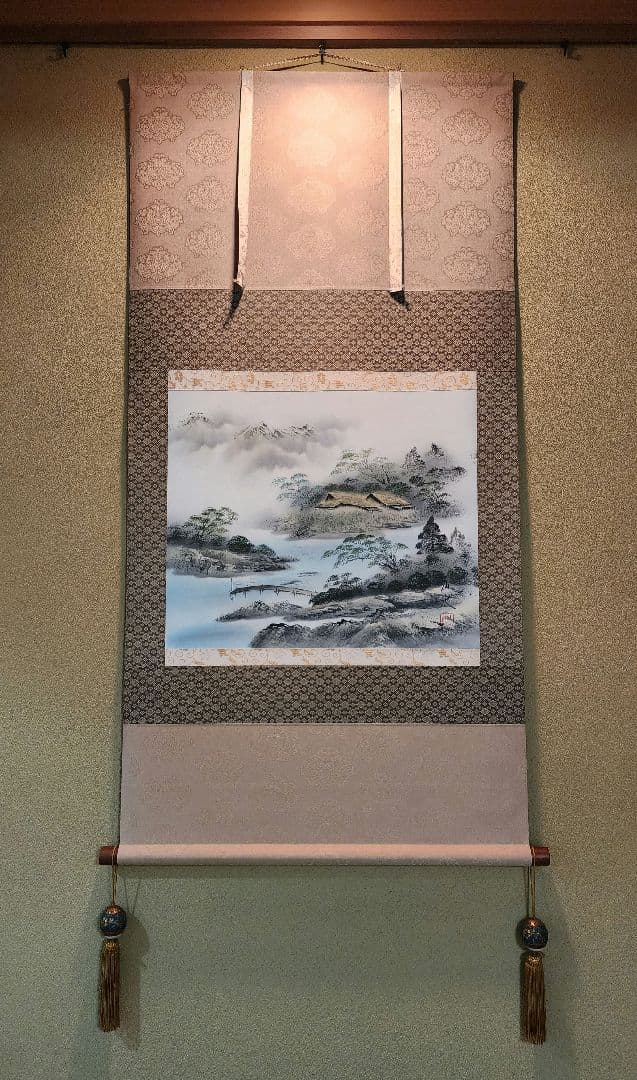 水墨画 掛軸 風景画 九谷焼 タッセル セット 青粒 渦打青粒金唐草