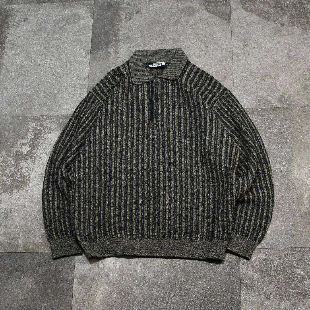 古着 ストライプ ニットポロ ニット セーター デザインニット チャコールグレー