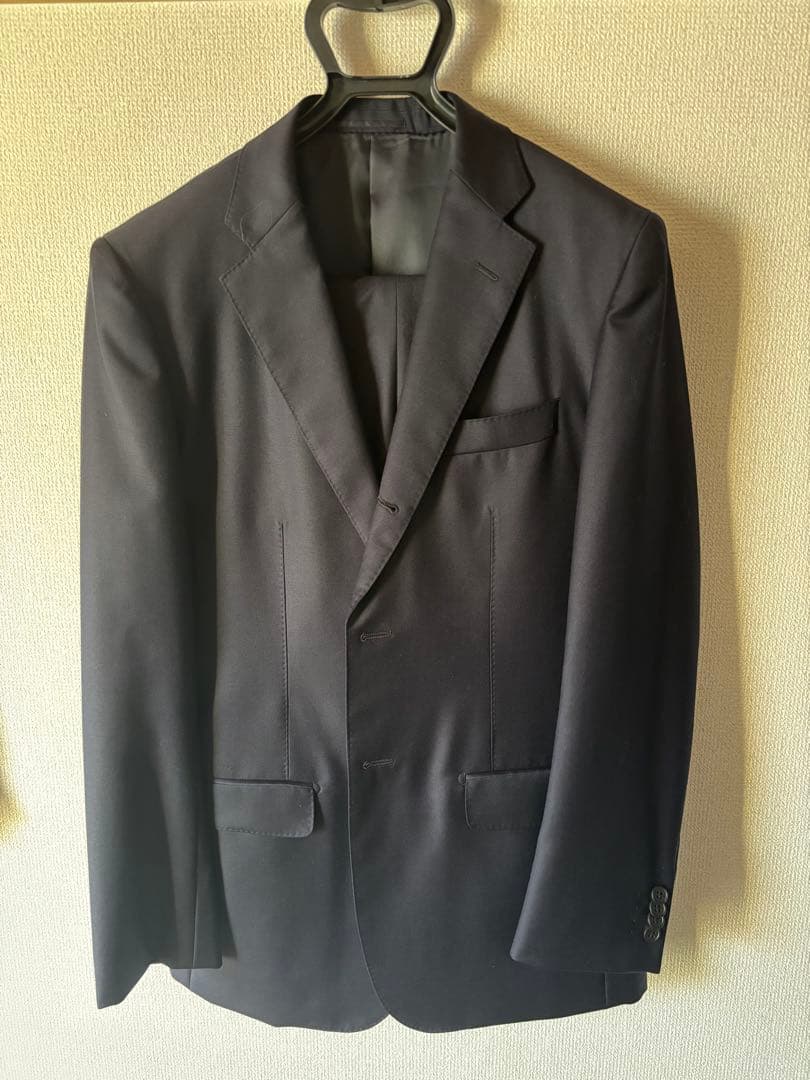 【美品】EDIFICE　セットアップ　シルク混　ネイビー　総裏　日本製　48