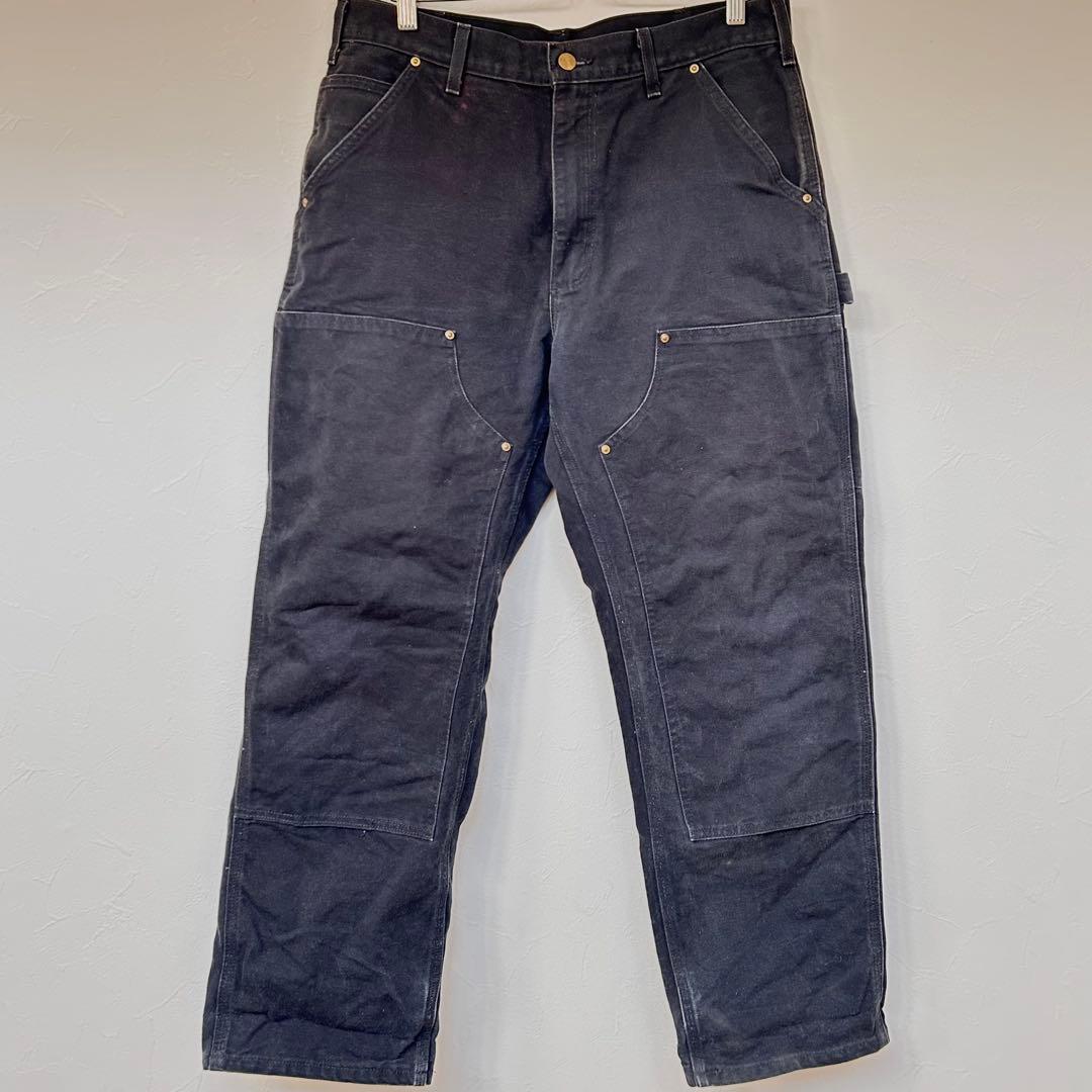 希少 USA製 Carhartt ダブルニー ブラック 34×30 フェード良