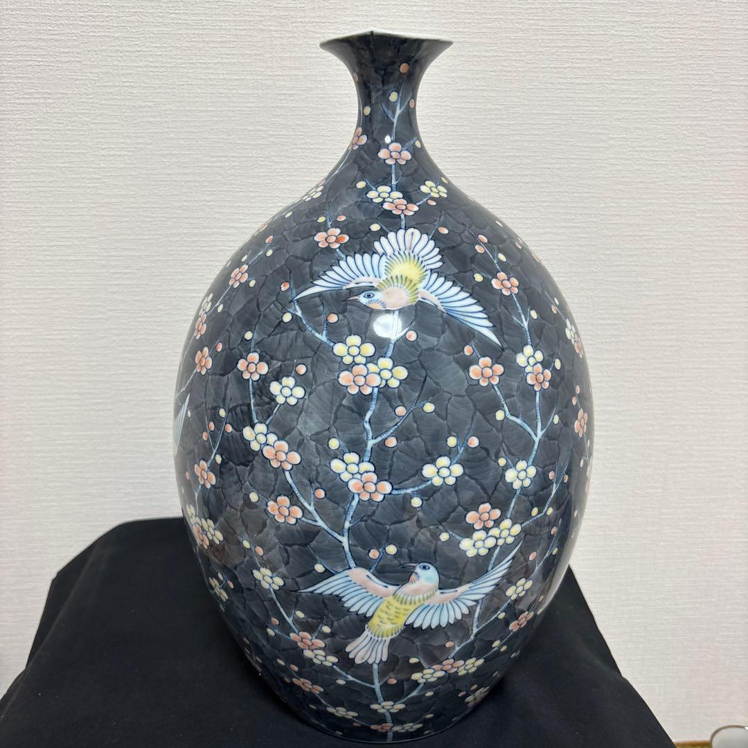 藤井朱明 壺 飾り壺 花器 日展人気作家 花瓶 有田焼 大き花鳥図高さ43cm