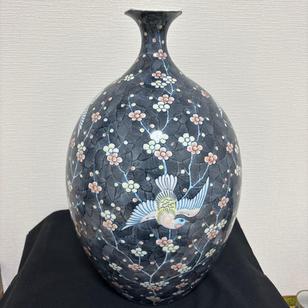 藤井朱明 壺 飾り壺 花器 日展人気作家 花瓶 有田焼 大き花鳥図高さ43cm
