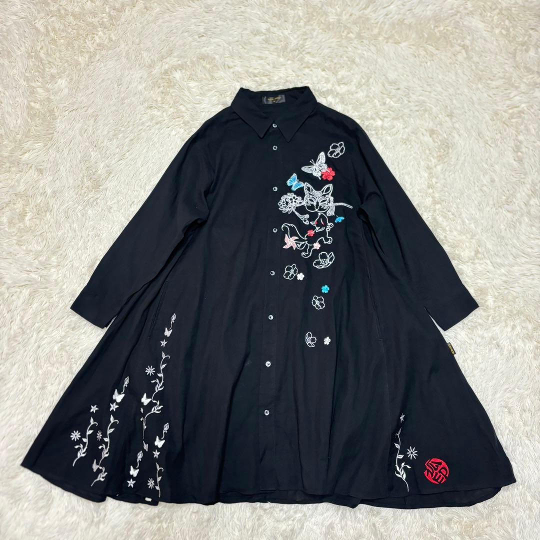 KON-JAKU 華麗なるシャツワンピース　刺繍　和モダン　狐　今昔