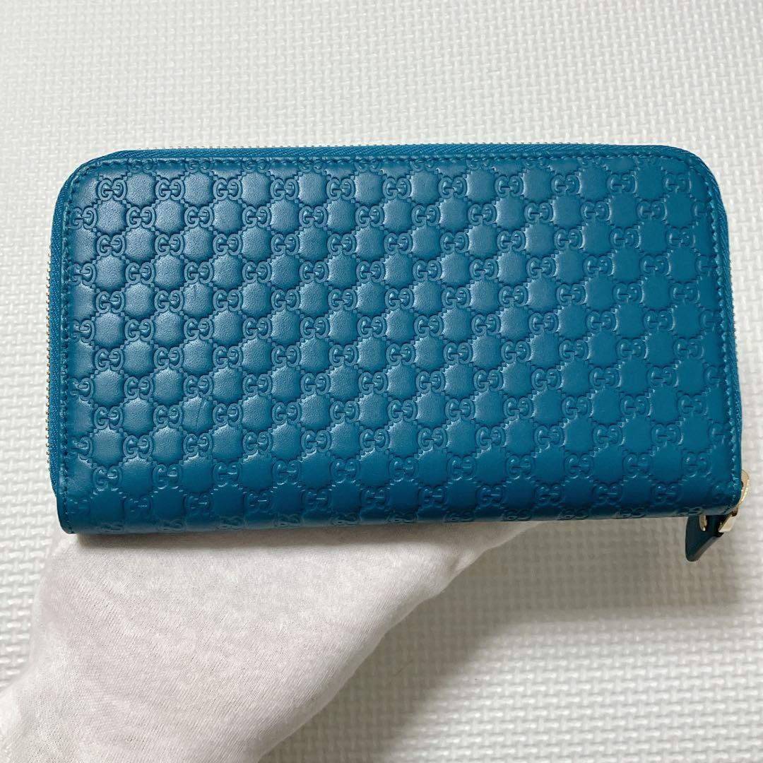 未使用　GUCCI レザーラウンドジップ長財布　マイクロシマ　ターコイズ　箱付き