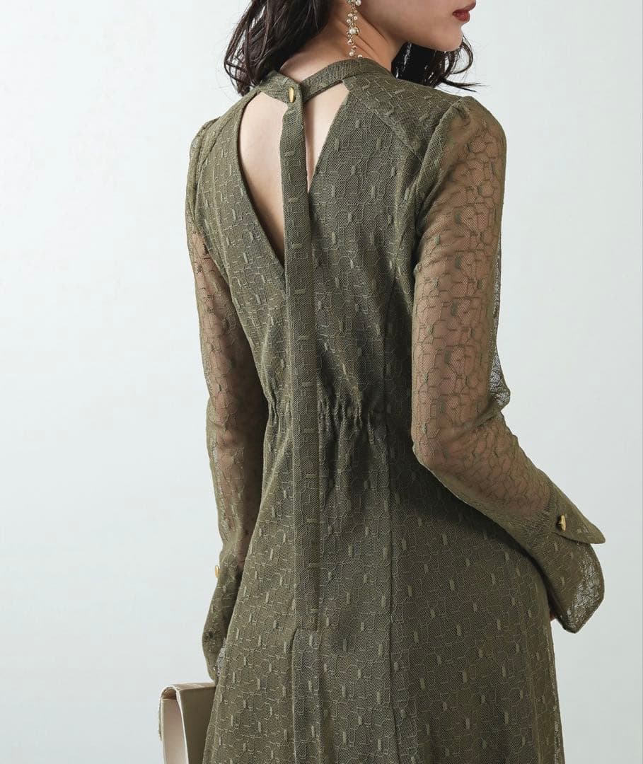 幾何学柄 レース バックオープン ワンピース パーティー 結婚式 お呼ばれ