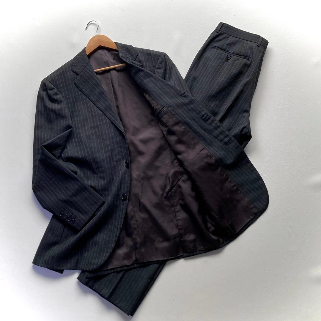 極上 リングジャケット スーツセットアップ ストライプ グレー系 46 M