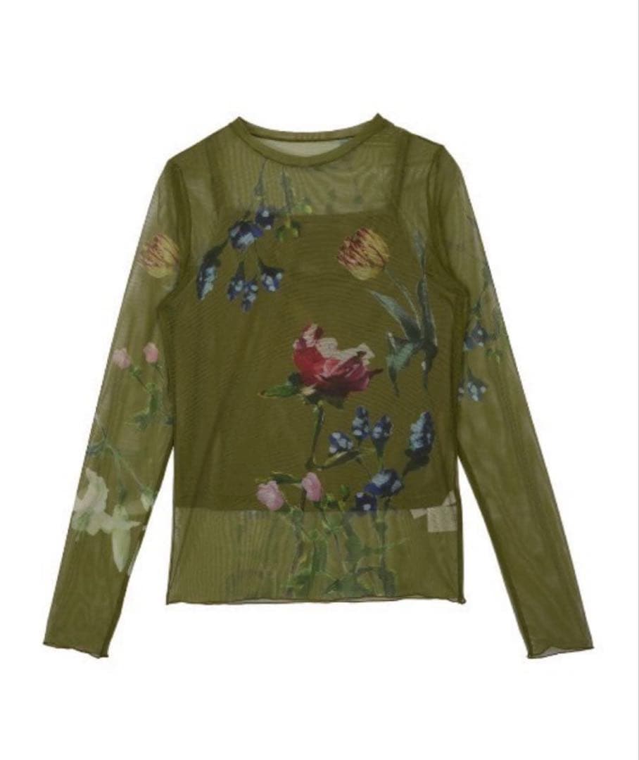 AMERI SOFIA SHEER CUT TOP カーキ