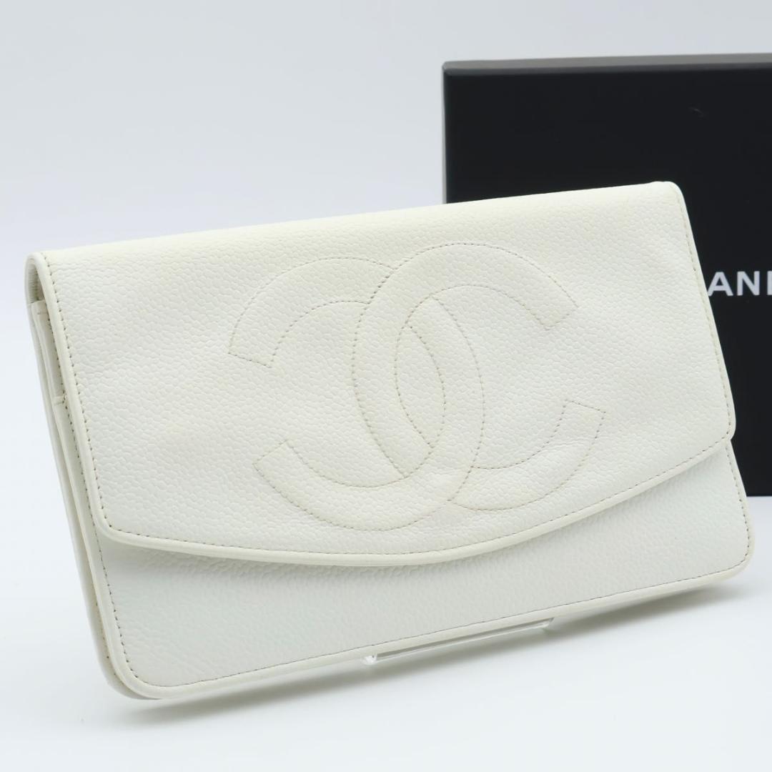 【極美品】CHANEL デカココ　フラップ長財布　キャビアスキン　白