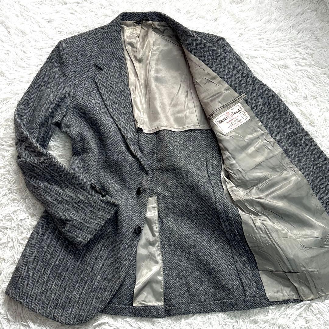 ハリスツイード テーラードジャケット ヘリンボーン くるみボタン グレー L