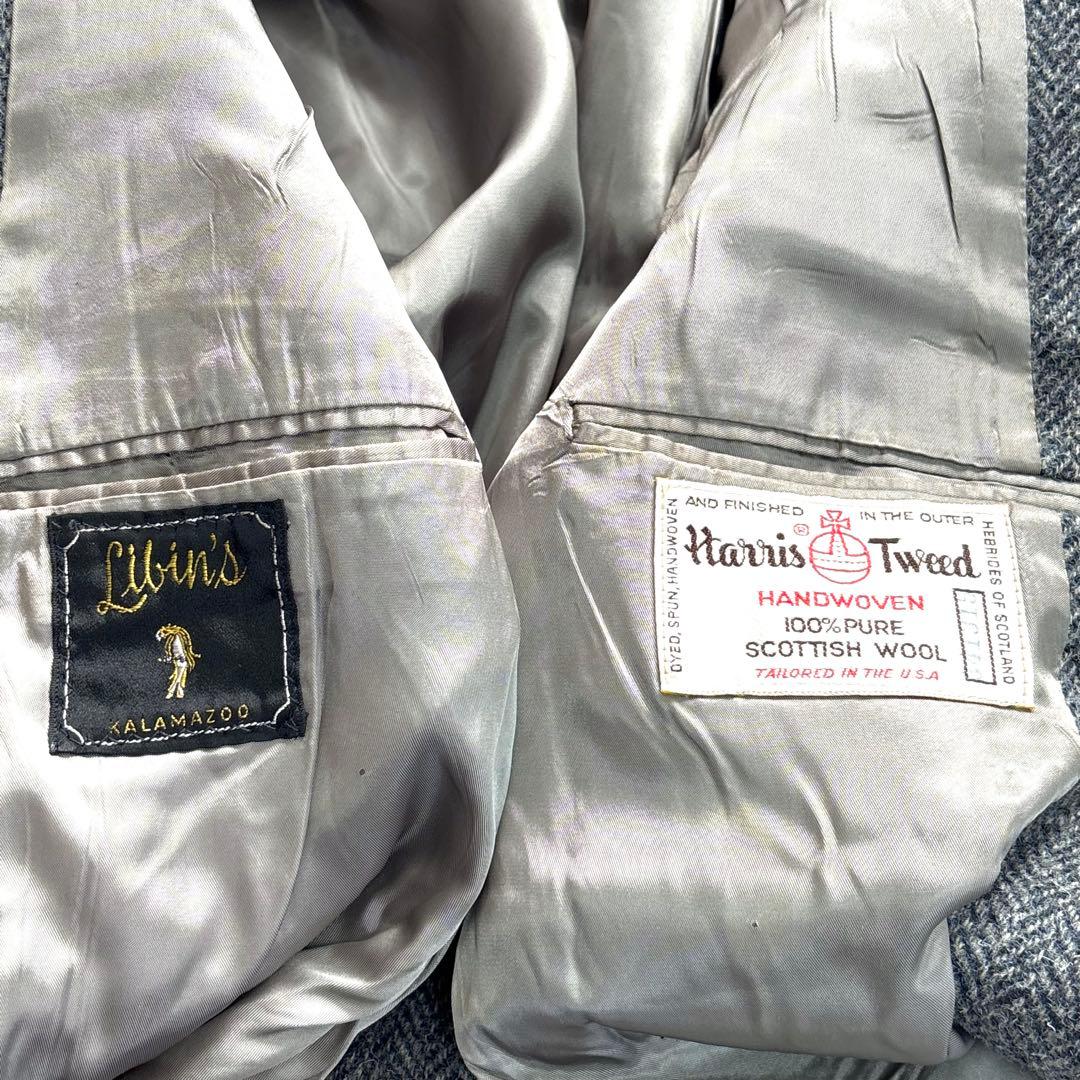 ハリスツイード テーラードジャケット ヘリンボーン くるみボタン グレー L