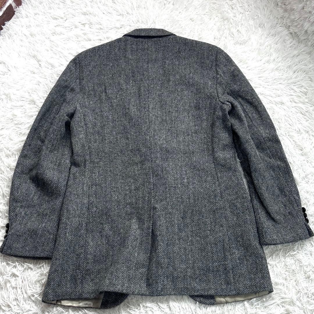 ハリスツイード テーラードジャケット ヘリンボーン くるみボタン グレー L