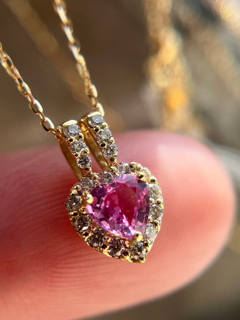 新品K18YGピンクサファイア0.3ctダイヤモンドペンダントネックレス