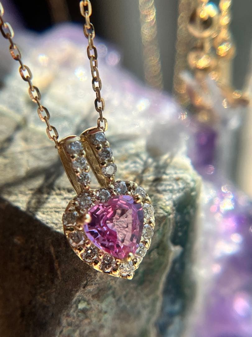 新品K18YGピンクサファイア0.3ctダイヤモンドペンダントネックレス