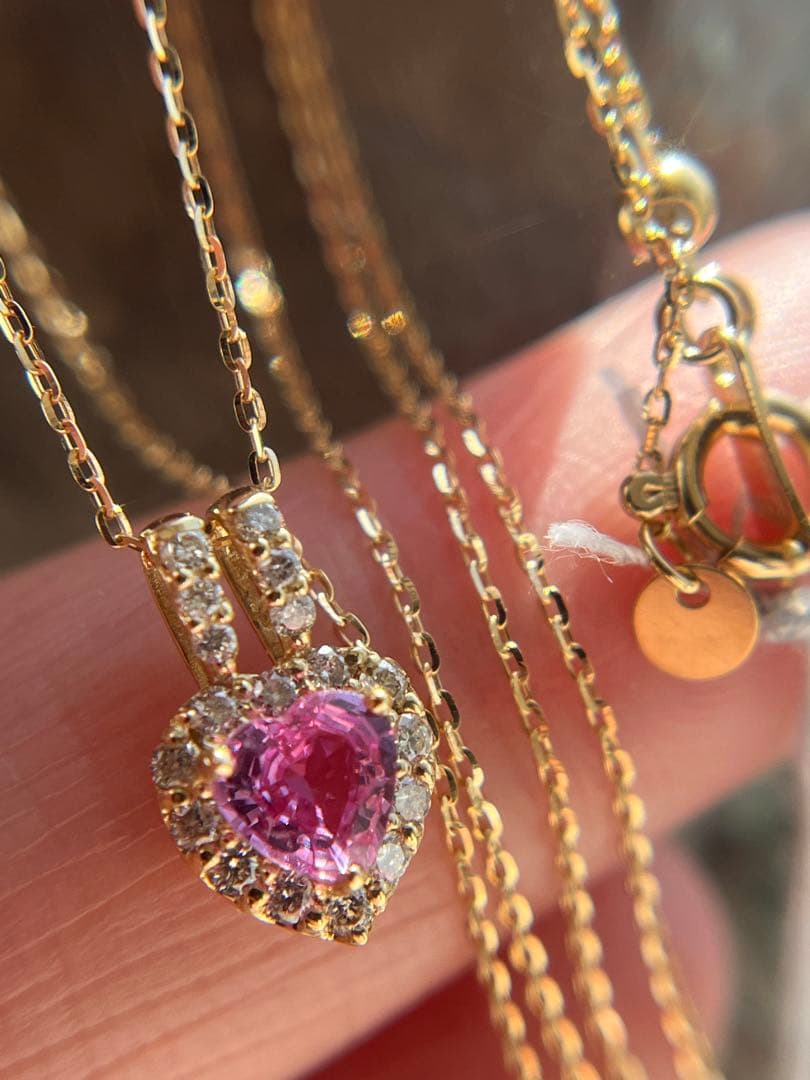 新品K18YGピンクサファイア0.3ctダイヤモンドペンダントネックレス