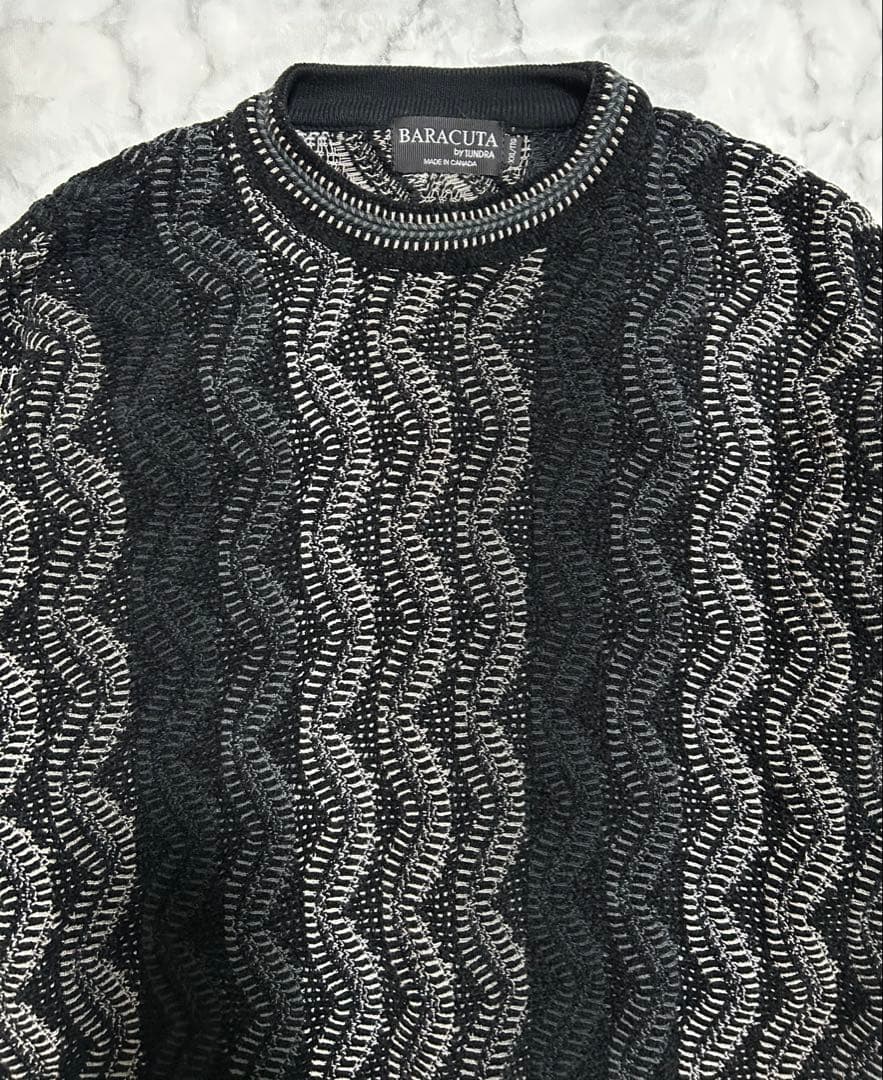 90s カナダ製 TUNDRA ヴィンテージ 3D 総柄 ニット 黒 ブラック