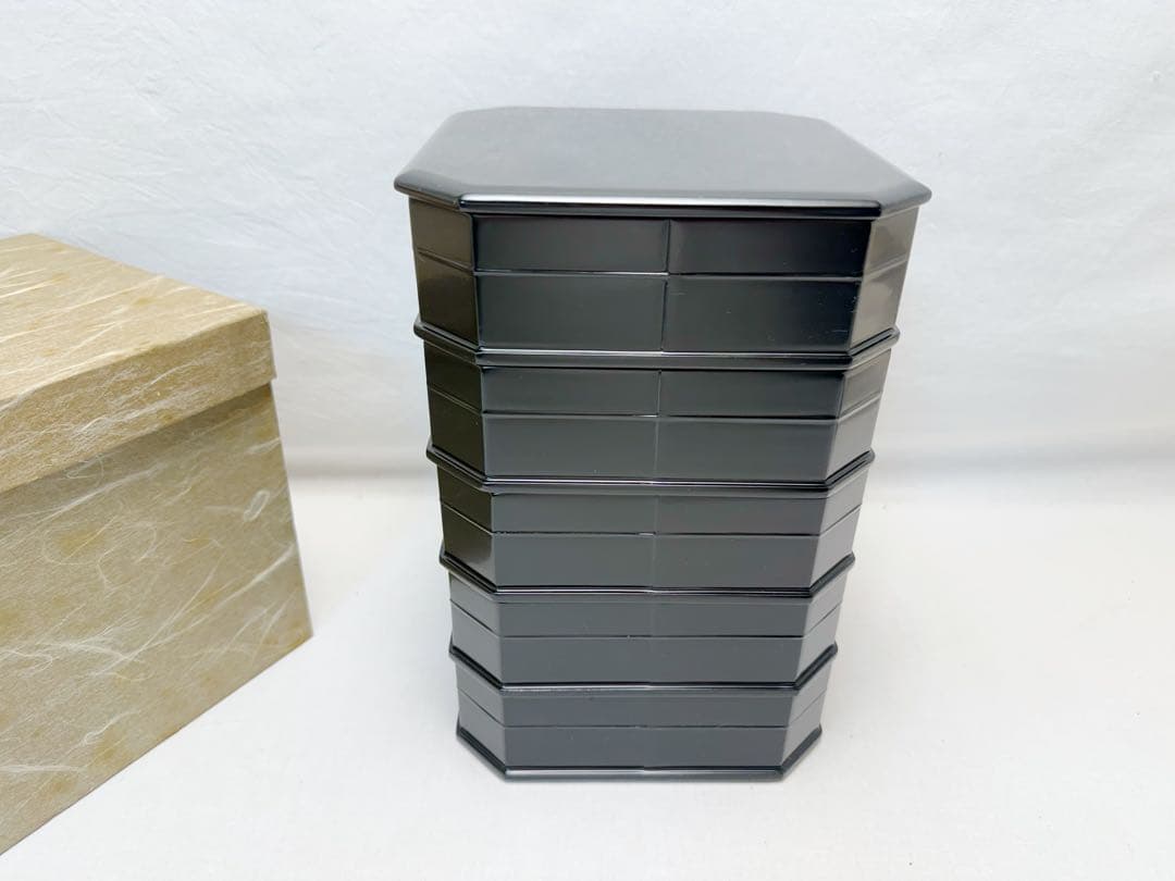 ほぼ未使用 茶道具 木製 黒真塗 五段縁高重 元箱