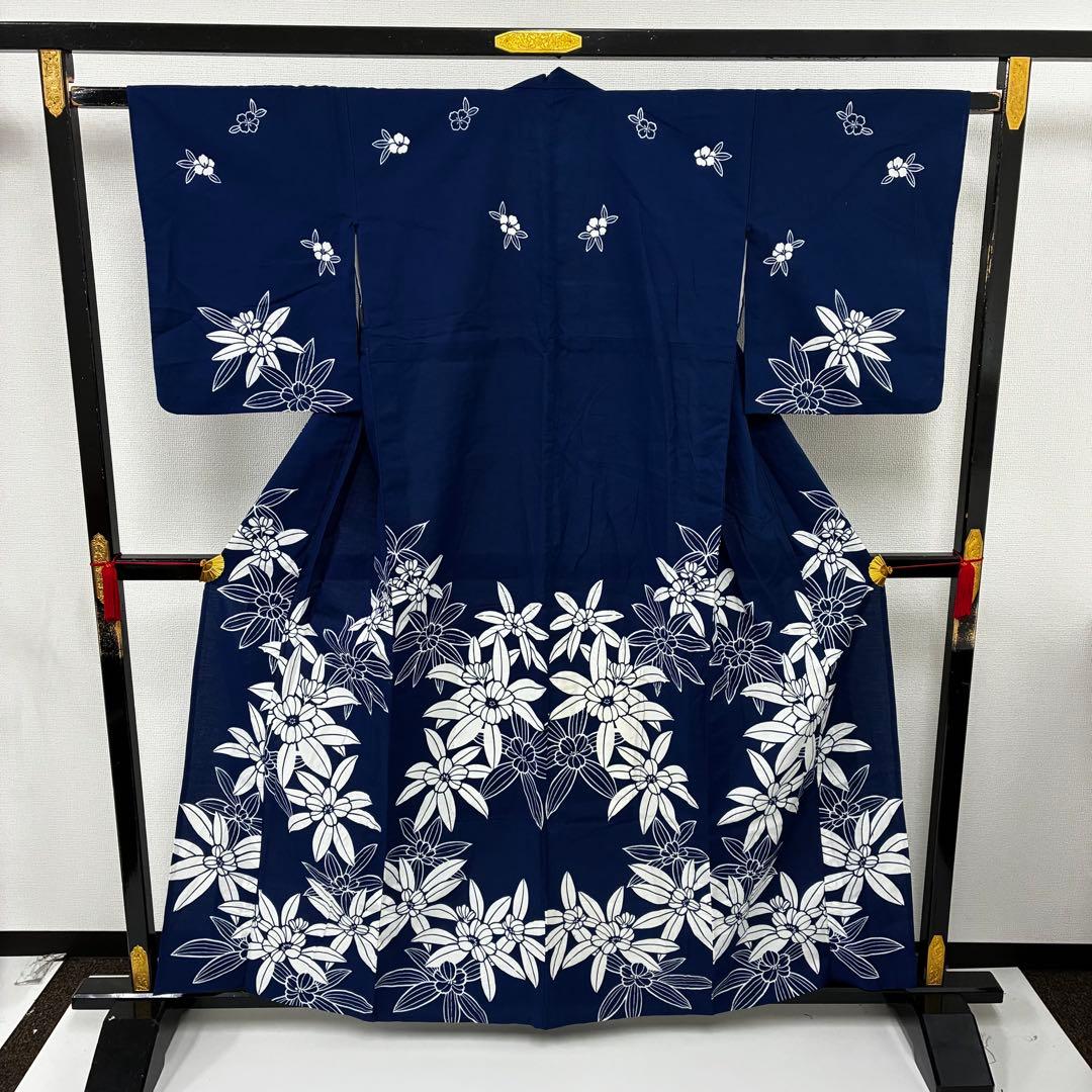 アアンドユページ　浴衣 木綿 藍染め 注染 花 着物 U-7365