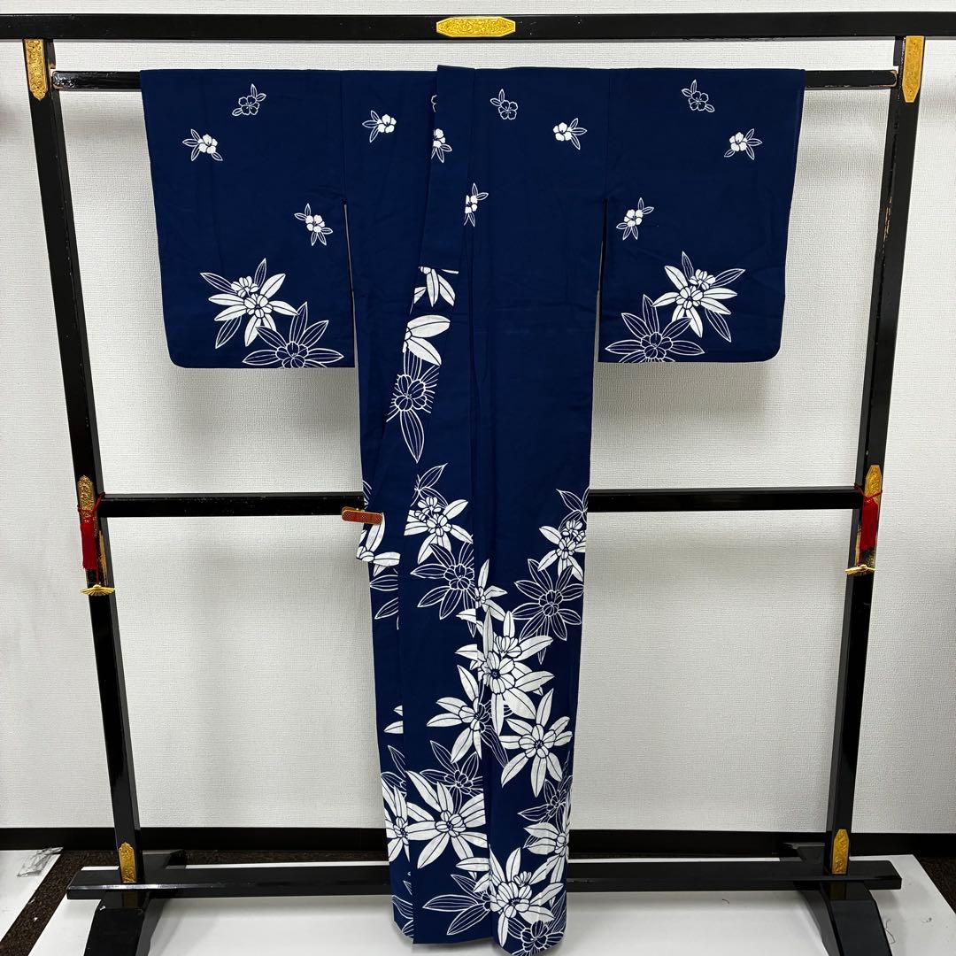アアンドユページ　浴衣 木綿 藍染め 注染 花 着物 U-7365