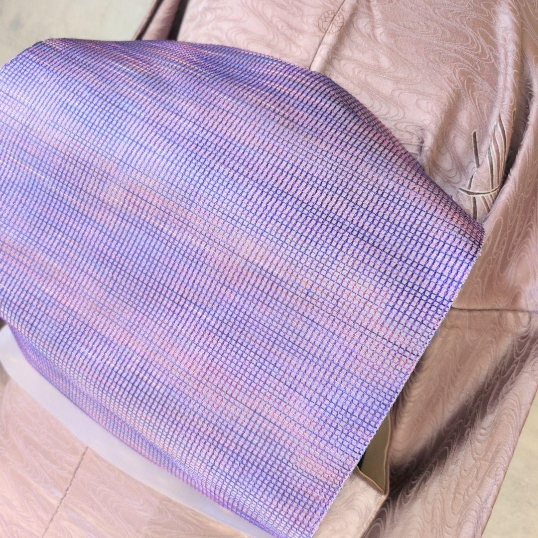 訪問着　フルセット　付け下げ　着物　正絹　紫　地紋豪華　波　帯草木染羅峰錦　B2