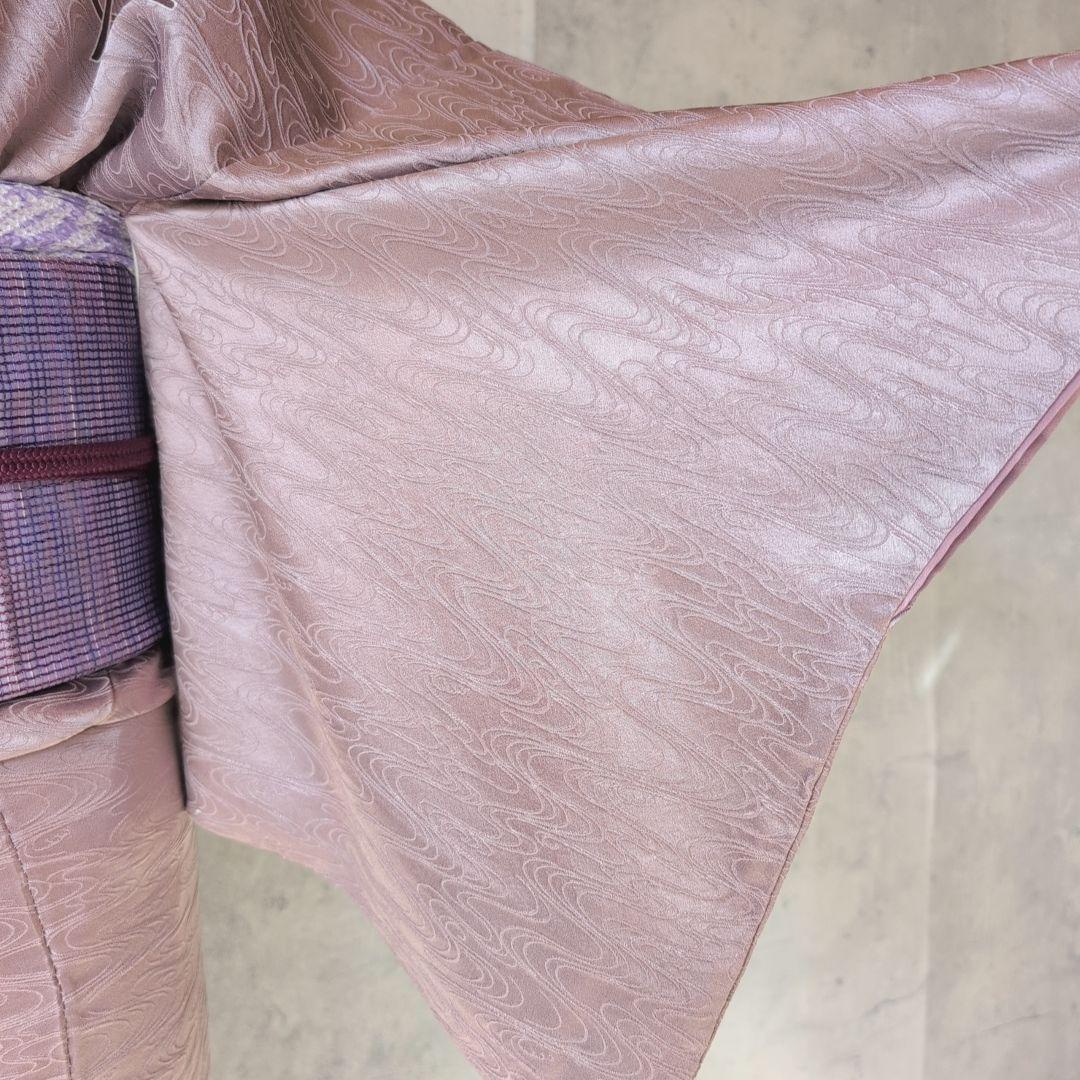 訪問着　フルセット　付け下げ　着物　正絹　紫　地紋豪華　波　帯草木染羅峰錦　B2