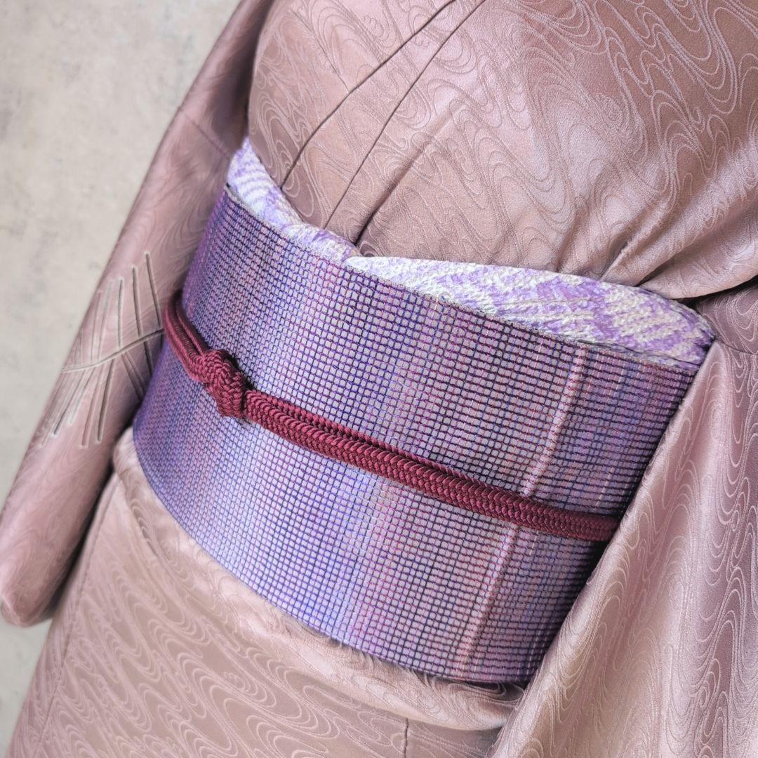 訪問着　フルセット　付け下げ　着物　正絹　紫　地紋豪華　波　帯草木染羅峰錦　B2