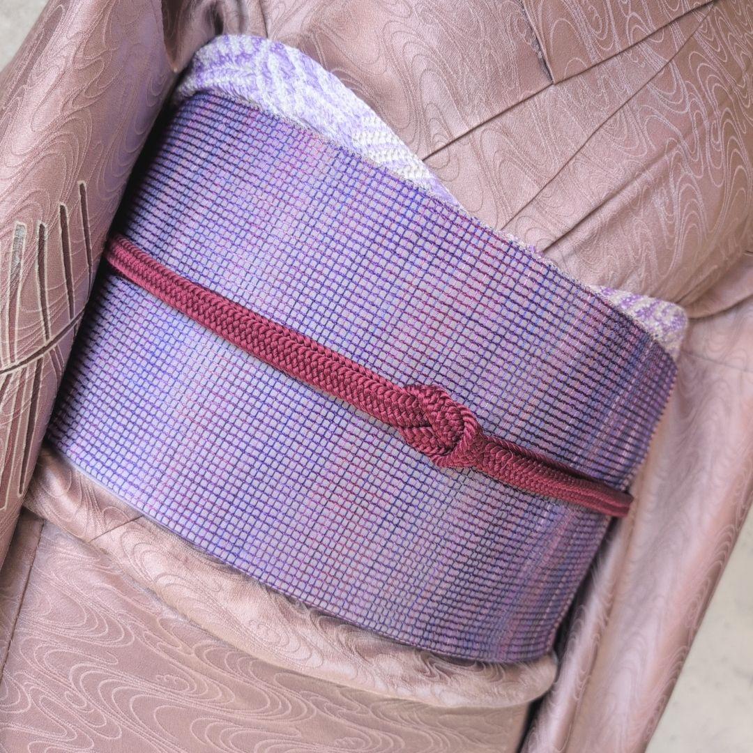 訪問着　フルセット　付け下げ　着物　正絹　紫　地紋豪華　波　帯草木染羅峰錦　B2