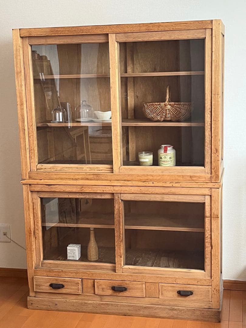 古家具 水屋箪笥 キャビネット 食器棚 本棚 ガラス 古道具 アンティーク