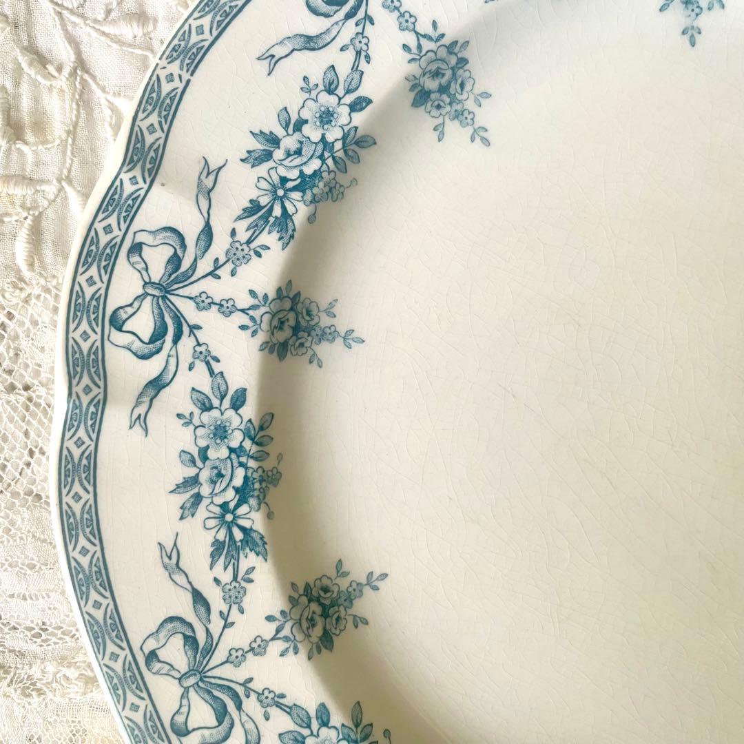 エミールブルジョワ窯ブルーリボンのガーランドプレート　平皿　フランスアンティーク