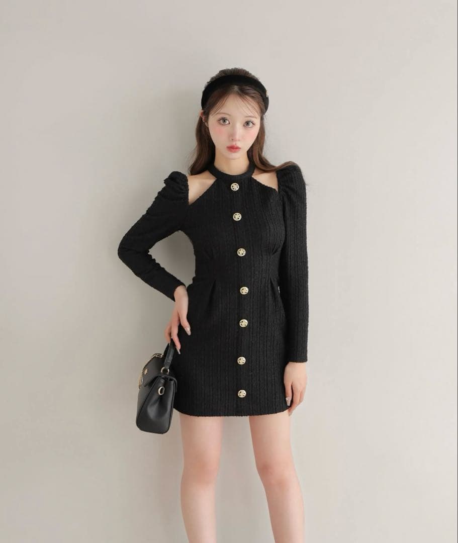 mmeeme ベルカットツイードミニワンピース