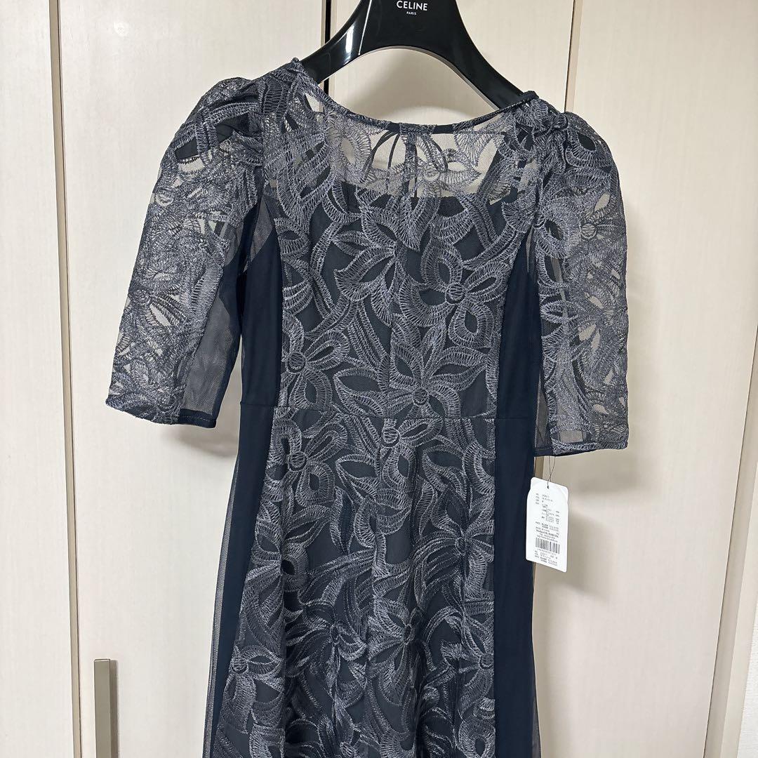 レースワンピース　オケージョン　ドレス　M ネイビー　レース　フレアスカート