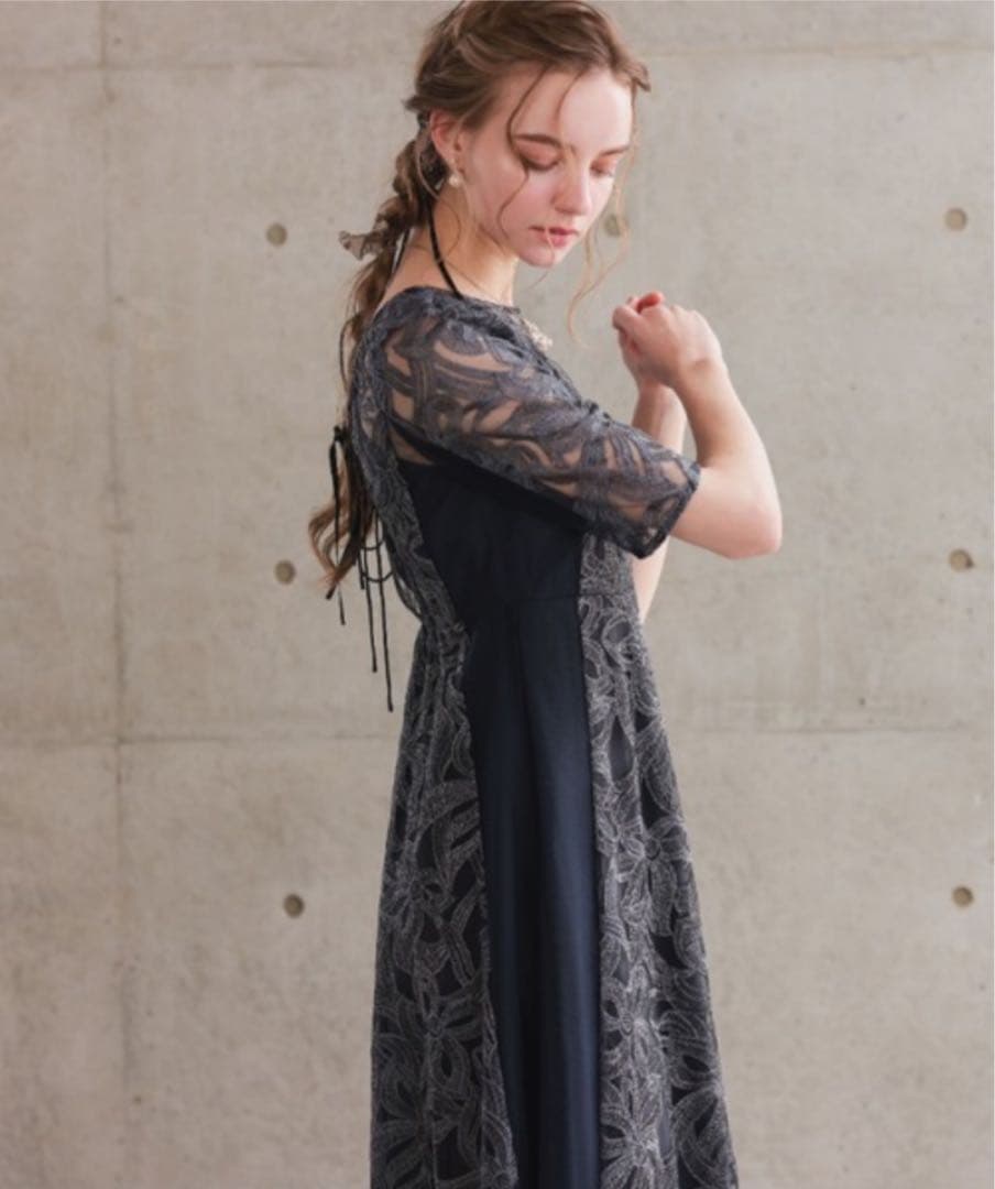 レースワンピース　オケージョン　ドレス　M ネイビー　レース　フレアスカート