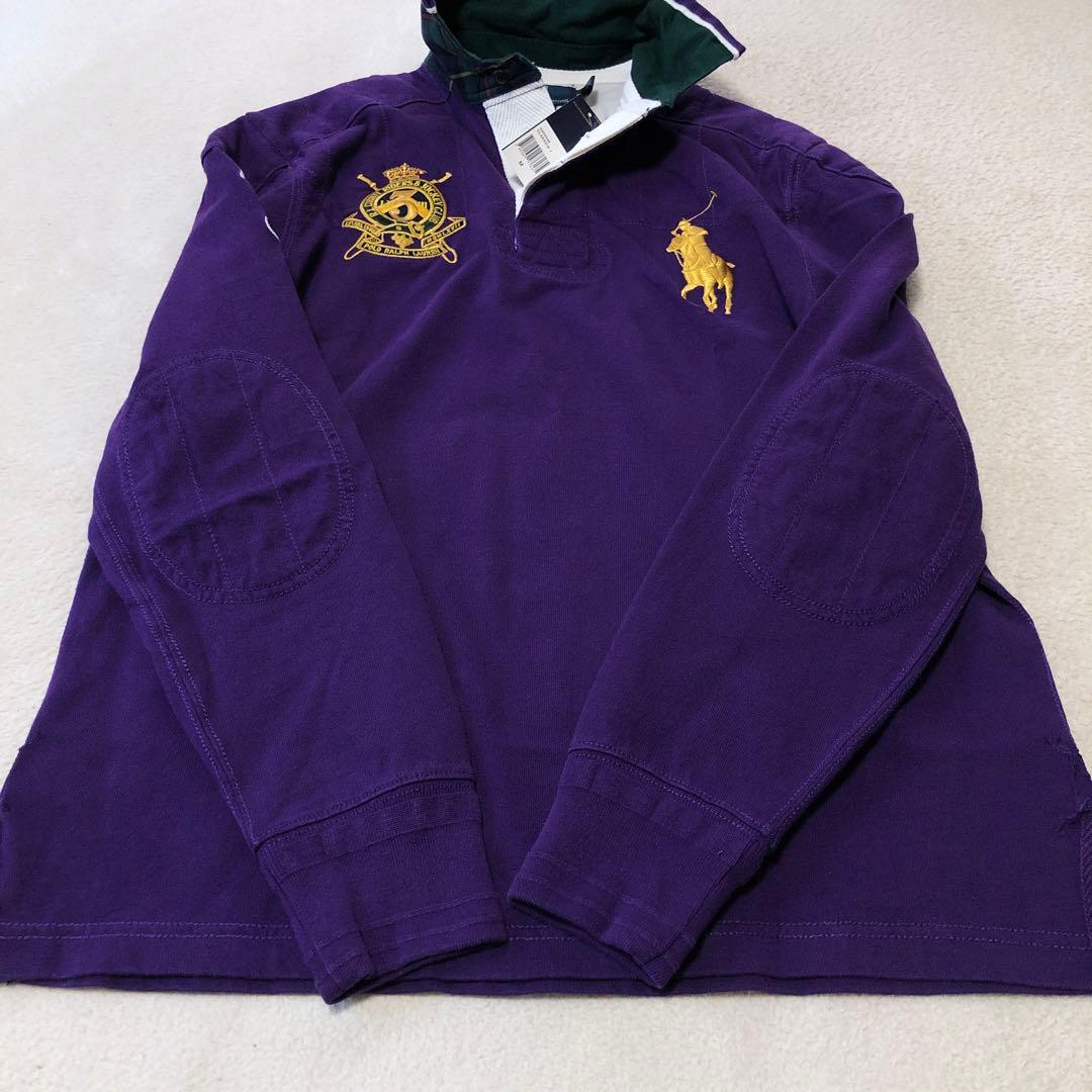 タグ付　ラルフローレン　長袖ラガーシャツ　ビッグポニー刺繍ロゴ　パープル　90s