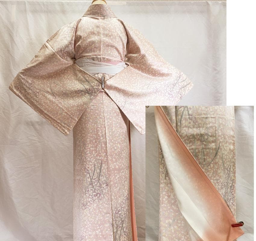 601mk47△小紋 菱 花弁 葉 淡い桃色 正絹△美品