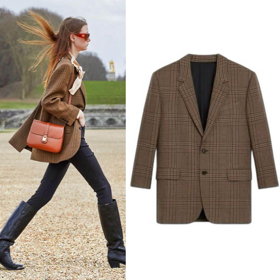 極美品 CELINE テーラードジャケット 34 ブラウン チェック ツイード