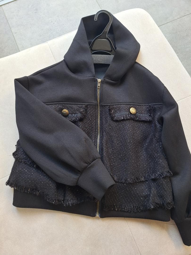 Vin ツイードフリンジ付きパーカー ブラック