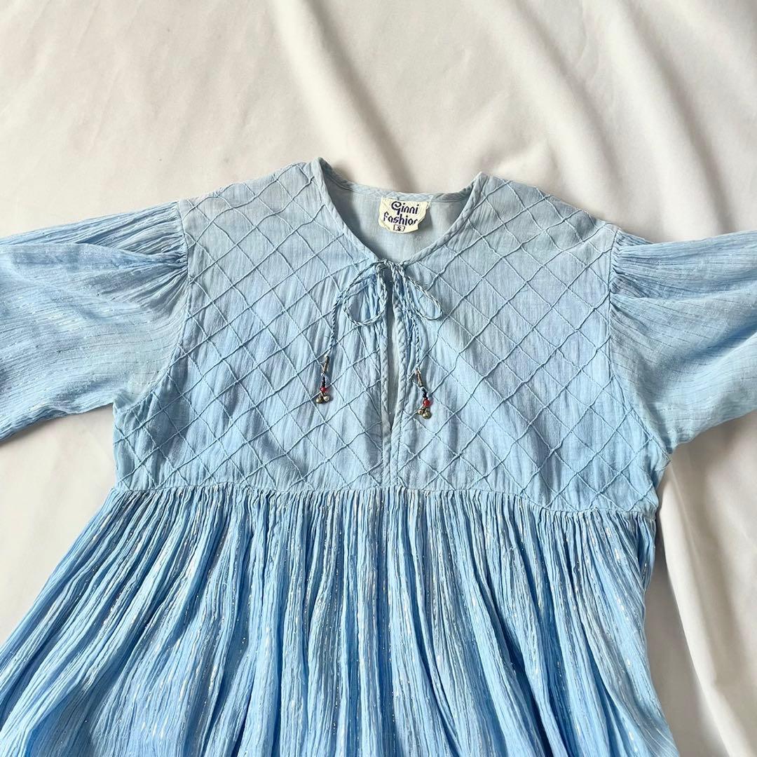 70s vintage インド綿　ブルー　シルバーラメ　ストライプ　ワンピース