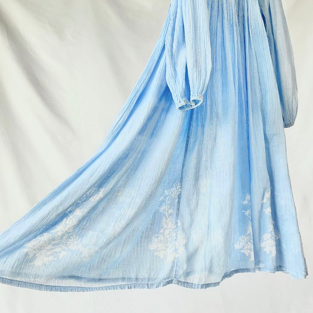 70s vintage インド綿　ブルー　シルバーラメ　ストライプ　ワンピース